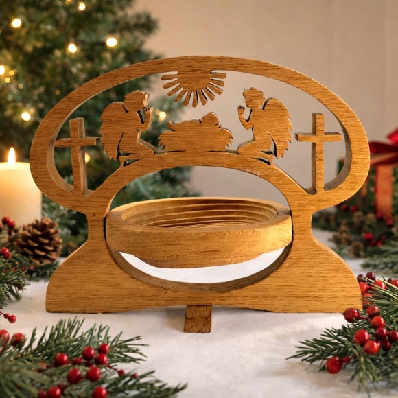 Decor Other - Nativity Scene Wood Collapsible Basket Jesus Angels Cross Christmas Decor 10”